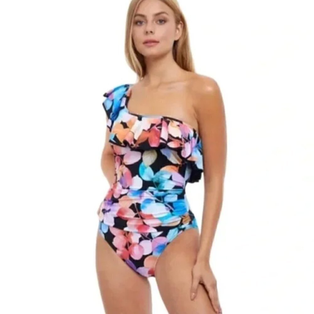 Profile by Gottex Color Rush Black Ruffle One Shoulder One Piece Swimsuit 12‎